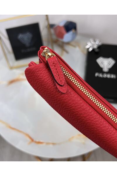 Fil Deri Genuine Leather Women's Red Wallet with Phone Compartment 2049
