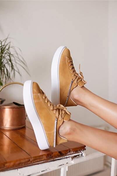 ANGELİNA JONES Polinas Women's Camel Stone Detail Genuine Leather Suede Sneaker