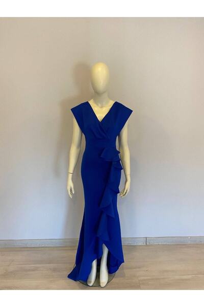 rengamoda Fusta cu guler dublu, albastru, albastru Scuba Diver, cu volan, rochie de seara, rochie de nunta de absolvire