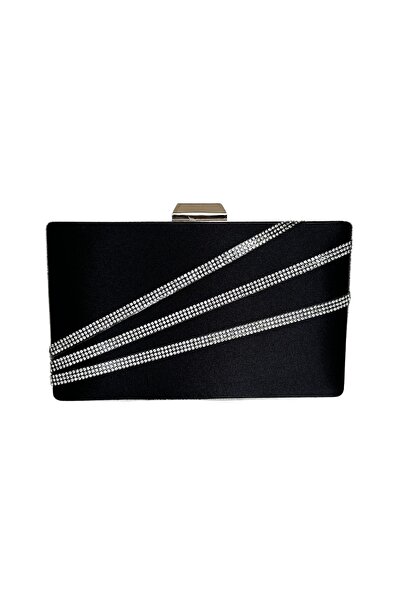 Biçanta Geantă elegantă neagră din material satin cu carcasă argintie și piet...