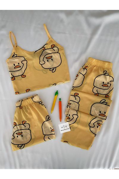 MH Moony Homewears Set de pijamale din bumbac Chick Galben din 3 piese
