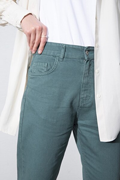 MYMAGAZİNE Paçası Yırtmaç Ve Taş Detaylı Denim Pantolon Yeşil