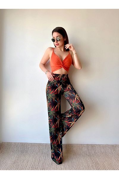 modakyra High Waist Wide Leg - Cross Drawstring Women's Crop Pants Set, Orange Micro Fabric