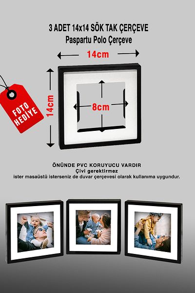 bymat Snap-on Frame 3 Pieces 14x14cm Black Photo Gift with Mat - Wall Frame