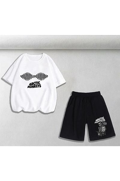 Gofeel Arctic Monkeys Printed Loose Fit White Colorful Unisex Oversize T-shirt & Shorts Double Set