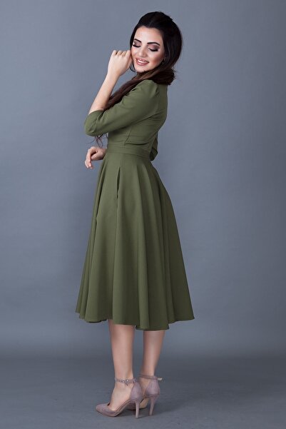 lovebox Women's Flexible Atlas Fabric Pocket Detailed V-Neck 3/4 Sleeve Khaki Midi Dress 257