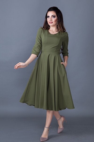 lovebox Women's Flexible Atlas Fabric Pocket Detailed V-Neck 3/4 Sleeve Khaki Midi Dress 257