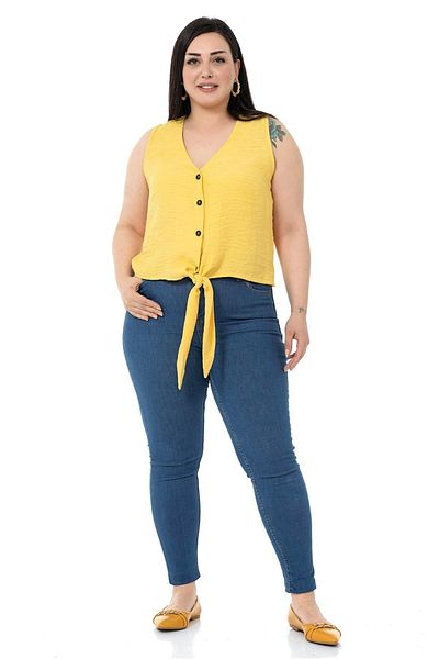 DISENTIS MODEST Plus Size Sleeveless Yellow Blouse with Tie Detail