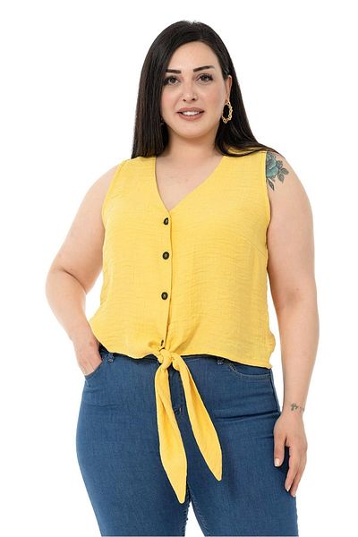 DISENTIS MODEST Plus Size Sleeveless Yellow Blouse with Tie Detail