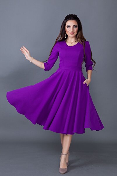 lovebox Жіноча еластична атласна тканина з кишенею детальний V-подібний виріз 34 відкритих рукава фіолетова сукня міді 257