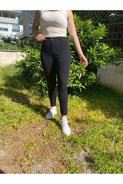 ŞIK STİL Plus Size High Waist Cotton Lycra Trousers-black