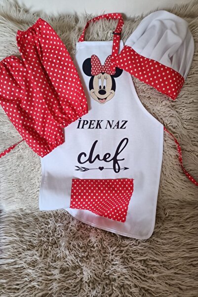 RAY TİCARET Minnie Mouse Kırmızı Puantiyeli 3 Parça Önlük Set Çocuk Şef Önlük...
