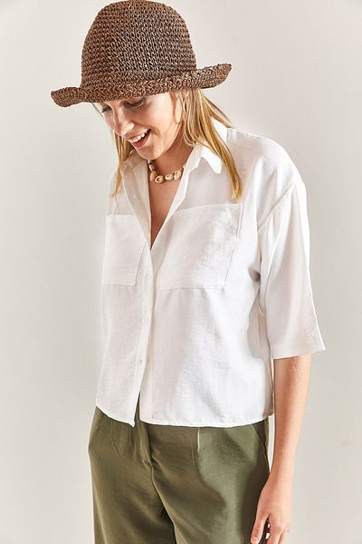 Bianco Lucci Women's Large Double Pocket Linen Shirt