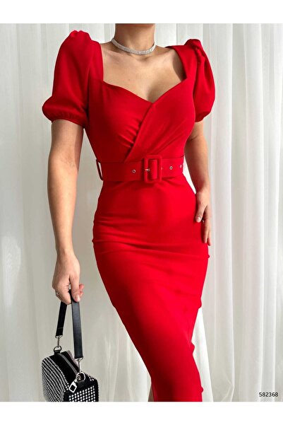 twomeey Γυναικείο φόρεμα με διπλό στήθος U λαιμόκοψη κοντό μπαλόνι με ζώνη κρ...