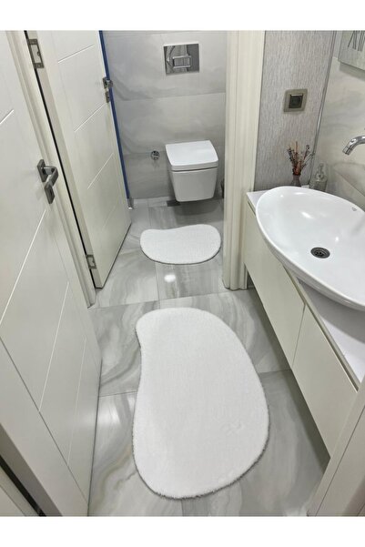 Shal&Shal Laser Cut 2-Piece Bath Mat White Plush Carpet Curve Model