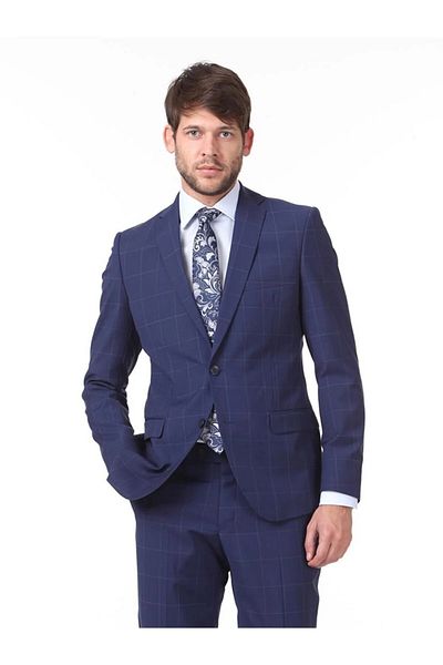 Kip Men's Slim Checkered Extra Slim Fit Navy Blue 6 Drop Woven Suit