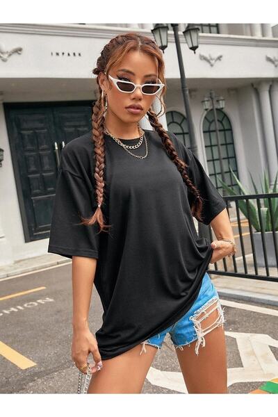 blausee wear Γυναικείο μονόχρωμο μπλουζάκι με στάμπα Oversize Crew Neck