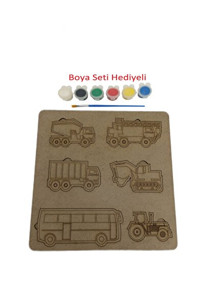 Ağaçistan - Çocuklar Için Iş Makinaları Puzzle Ahşap Boyama Yapboz Seti Boya Ve Fırça Hediyeli