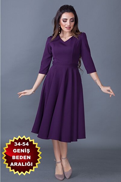 lovebox فستان نسائي مرن من قماش أطلس وجيب ومفصل ورقبة على شكل حرف V وأكمام 3/...