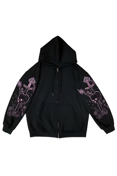 EFBUTİK Black Harajuku Kawaii Pastel Gothic Zipper Hooded Cardigan