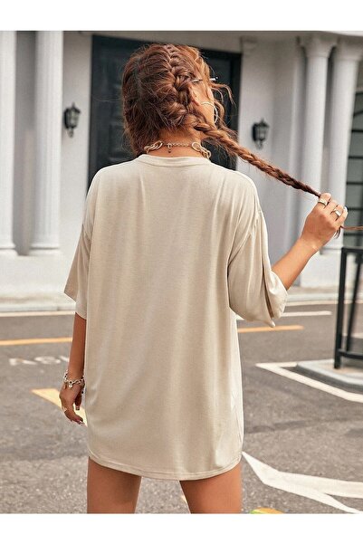 blausee wear Γυναικείο μονόχρωμο μπλουζάκι με στάμπα Oversize Crew Neck