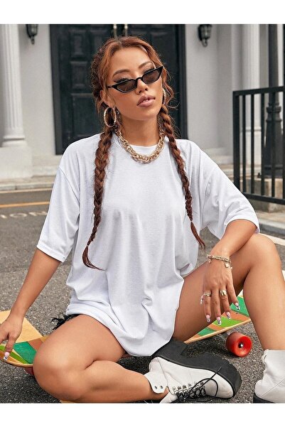 blausee wear Γυναικείο μονόχρωμο μπλουζάκι με στάμπα Oversize Crew Neck