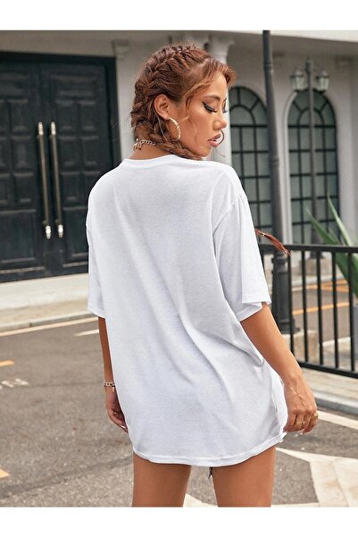 blausee wear Γυναικείο μονόχρωμο μπλουζάκι με στάμπα Oversize Crew Neck