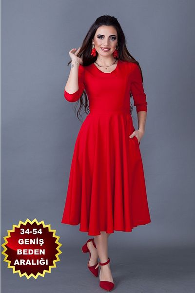 lovebox Women's Flexible Atlas Fabric Pocket Detailed V-Neck 3/4 Sleeve Red Midi Dress 257