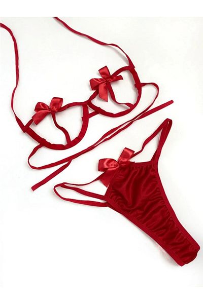 ESİLORA Women's Sexy Fancy Ribbon Bow Detailed Red Bra Set Underwear Set