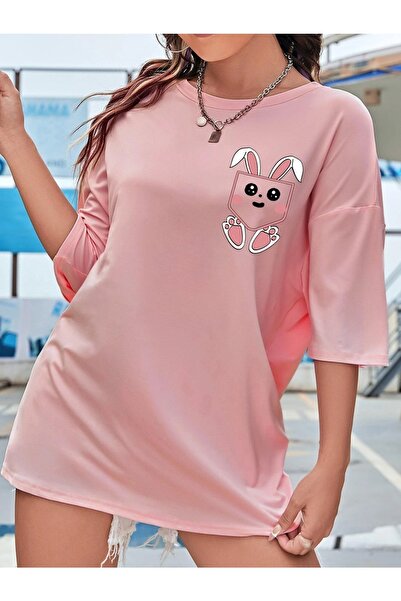 mercoledi Tricou roz pentru femei, gri supradimensionat Salas Boyfriend cu imprimeu iepure pe buzunar