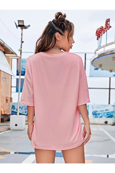 mercoledi Tricou roz pentru femei, gri supradimensionat Salas Boyfriend cu imprimeu iepure pe buzunar