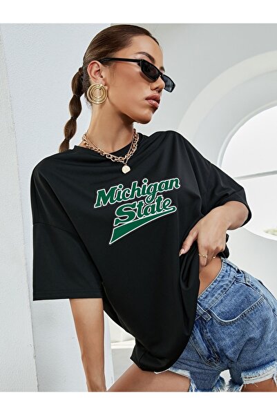 Rokeby Tricou negru cu imprimeu Micgihan State din bumbac pieptănat