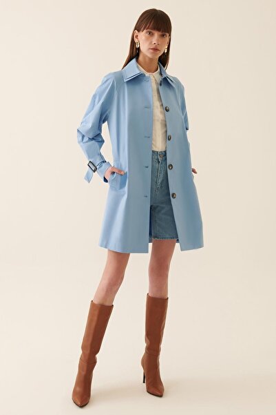 Perspective Eleri Regular Fit Shirt Collar Above Knee Blue Color Women's Trench Coat