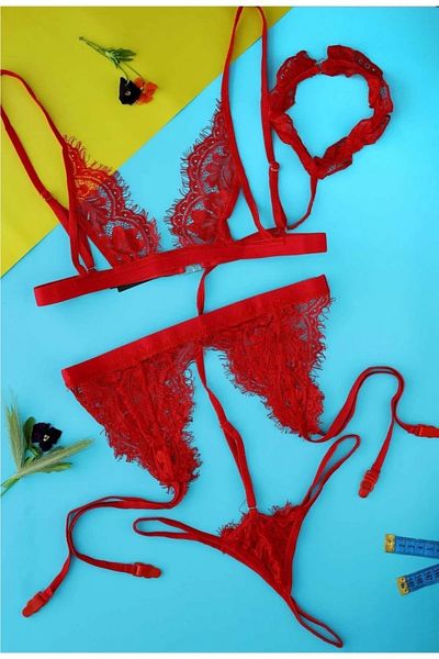 ESİLORA Women's Red Sexy Fancy Collared Full Lace Night Costume Garter Set Lingerie Set