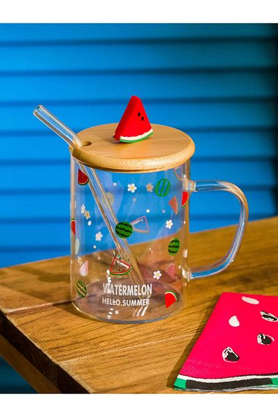 LC Waikiki Watermelon Patterned Glass with Straw 450 ml