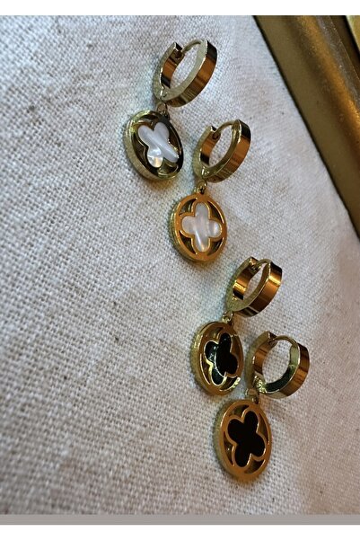 Rosstore Çelik Siyah Yonca Detaylı Kadın Küpe