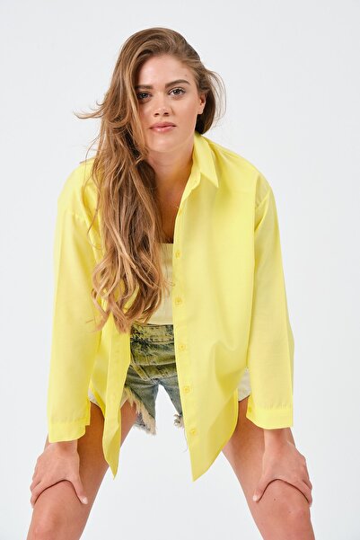 modazoom Kadın Sarı Oversize Uzun Basic Gömlek