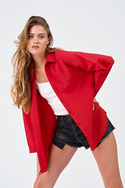 modazoom Kadın Kırmızı Oversize Uzun Basic Gömlek
