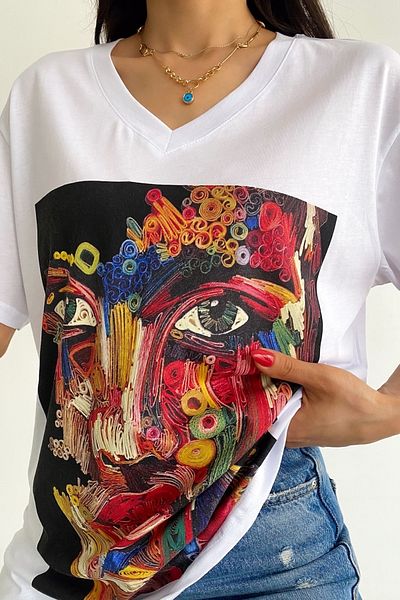 FEMELLE Tricou oversize din bumbac imprimat cu decolteu în V alb pentru femei