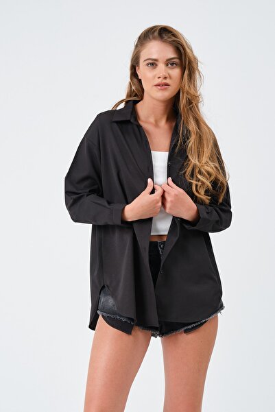 modazoom Kadın Siyah Oversize Basic Uzun Gömlek