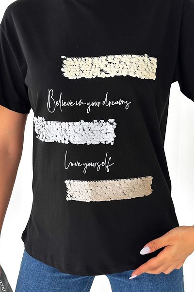 FEMELLE Tricou din bumbac cu broderie neagră din nou sezon și paiete brodat pentru femei