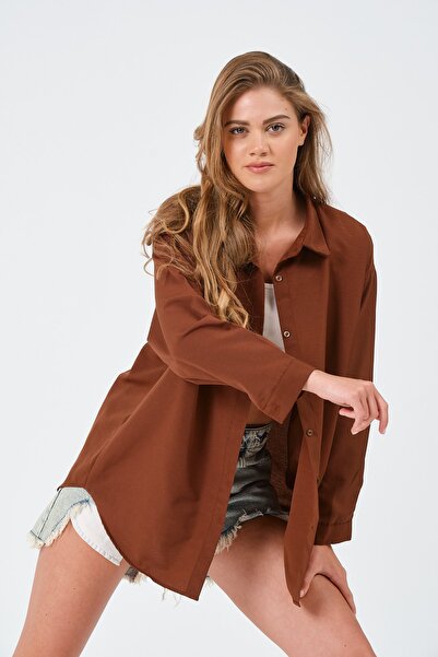 modazoom Γυναικείο Καφέ Oversize Μακρύ Basic πουκάμισο