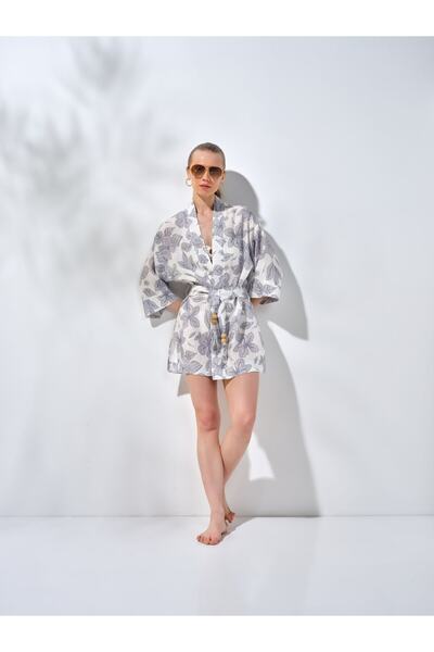 Amare Kısa Kimono Mavi Desenli-1