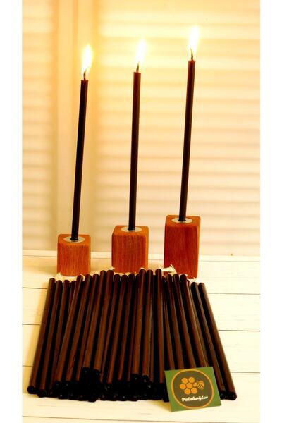 Petekoğlu (50 Adet Siyah) Balmumu Mum Ve (3 Adet ) Özel Dizayn Ahşap Mumluk Dilek Mumu Doğal Petek Mum Tören