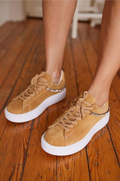 ANGELİNA JONES Polinas Women's Camel Stone Detail Genuine Leather Suede Sneaker