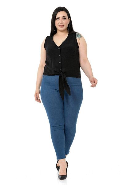 DISENTIS MODEST Αμάνικη Μαύρη Μπλούζα Plus Size με Λεπτομέρεια Γραβάτα
