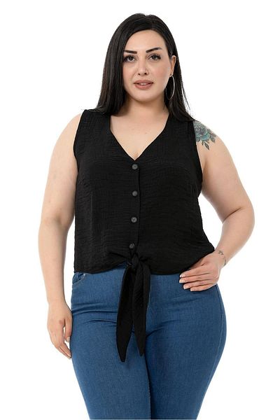 DISENTIS MODEST Αμάνικη Μαύρη Μπλούζα Plus Size με Λεπτομέρεια Γραβάτα