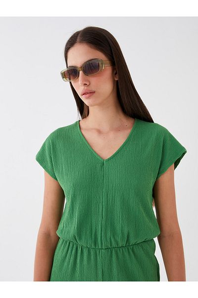 LC Waikiki Gerader Damen-Overall mit V-Ausschnitt und kurzen Ärmeln in Leinenoptik