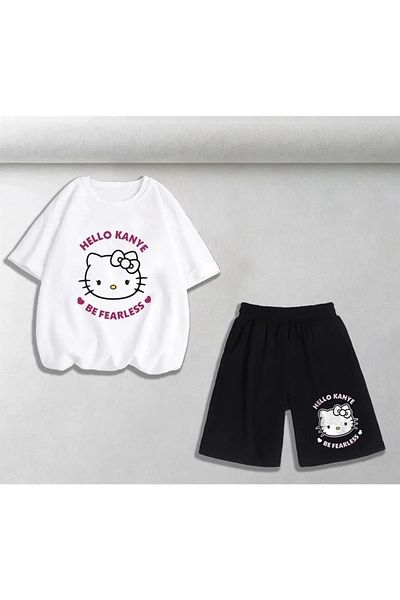 Gofeel Hello Kanye Be Fearless Printed Loose Cut White Color Unisex Oversize T-shirt & Shorts Double Set