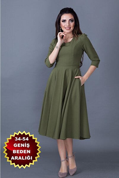 lovebox Women's Flexible Atlas Fabric Pocket Detailed V-Neck 3/4 Sleeve Khaki Midi Dress 257